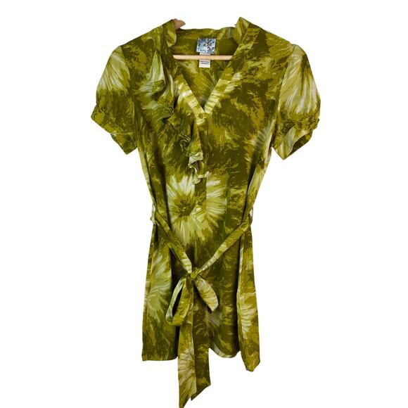 Anthropologie Tabitha Women's Size 10 Green 100% Silk Ruffle Belted Mini Dress - Picture 1 of 6
